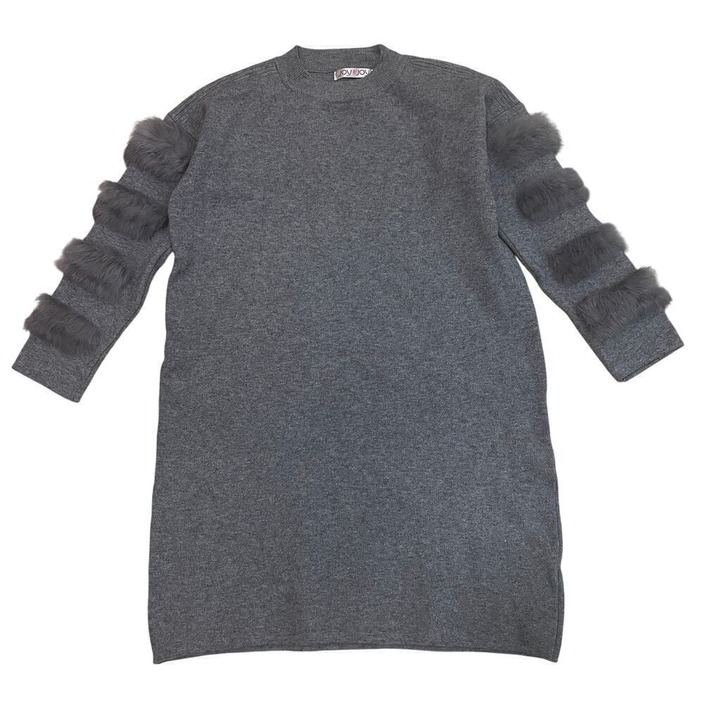 JoyJoy Knit Mini, Real Fur Sleeves | Minimalist Luxe Cozy Glam Sweater Dress New